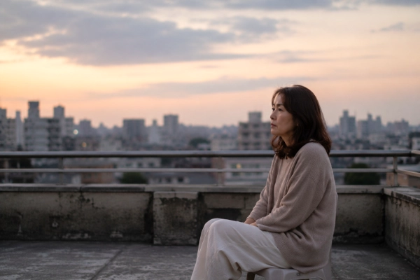 女子在黃昏的頂樓眺望城市