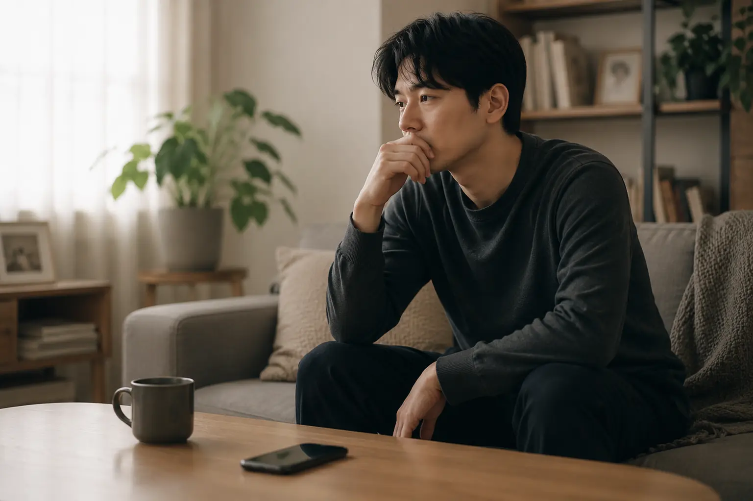 男子坐在客廳沙發上以手托著下巴