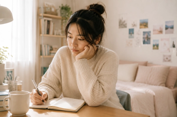 女子坐在書桌前托腮寫筆記
