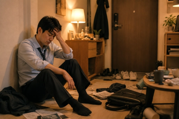 穿襯衫的男子坐在室內地板上扶著額頭
