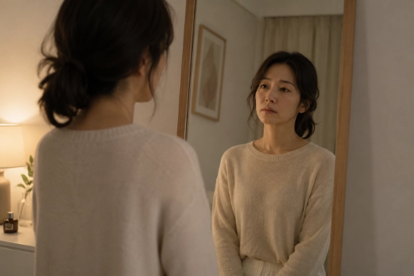 女子站在鏡子前看著自己的倒影